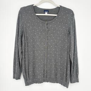 Basic Editions Cotton Blend Gray and White Polka Dot Cardigan Size 2X